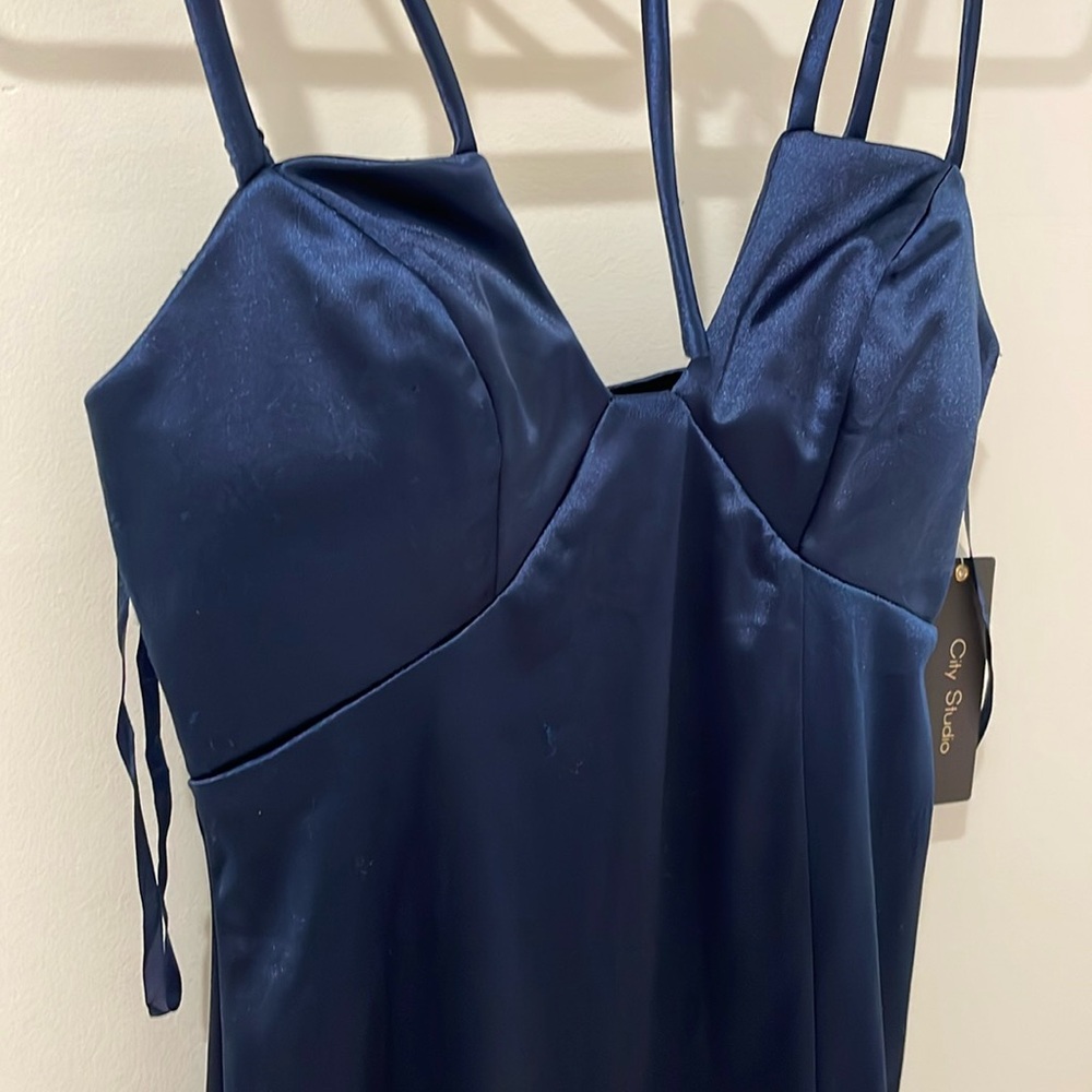 NWT Navy satin halter strappy midi or knee dress XS junior 3 v cut pads empire